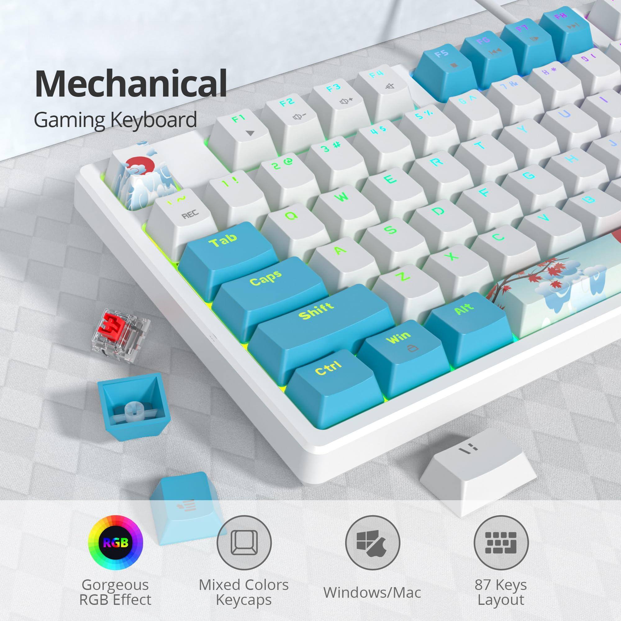 Mechanical Gaming Keyboard

- F1
- F2
- F3
- F4
- F5
- F6
- F7
- F8
- F9
- F10
- F11
- F12
- 1
- 2
- 3
- 4
- 5
- 6
- 7
- 8
- 9
- 0
- Q
- W
- E
- R
- T
- Y
- U
- I
- O
- P
- A
- S
- D
- F
- G
- H
- J
- K
- L
- Z
- X
- C
- V
- B
- N
- M
- Tab
- Caps
- Shift
- Ctrl
- Alt
- Win
- REC
- RGB Effect
- Mixed Colors Keycaps
- Windows/Mac
- 87 Keys Layout