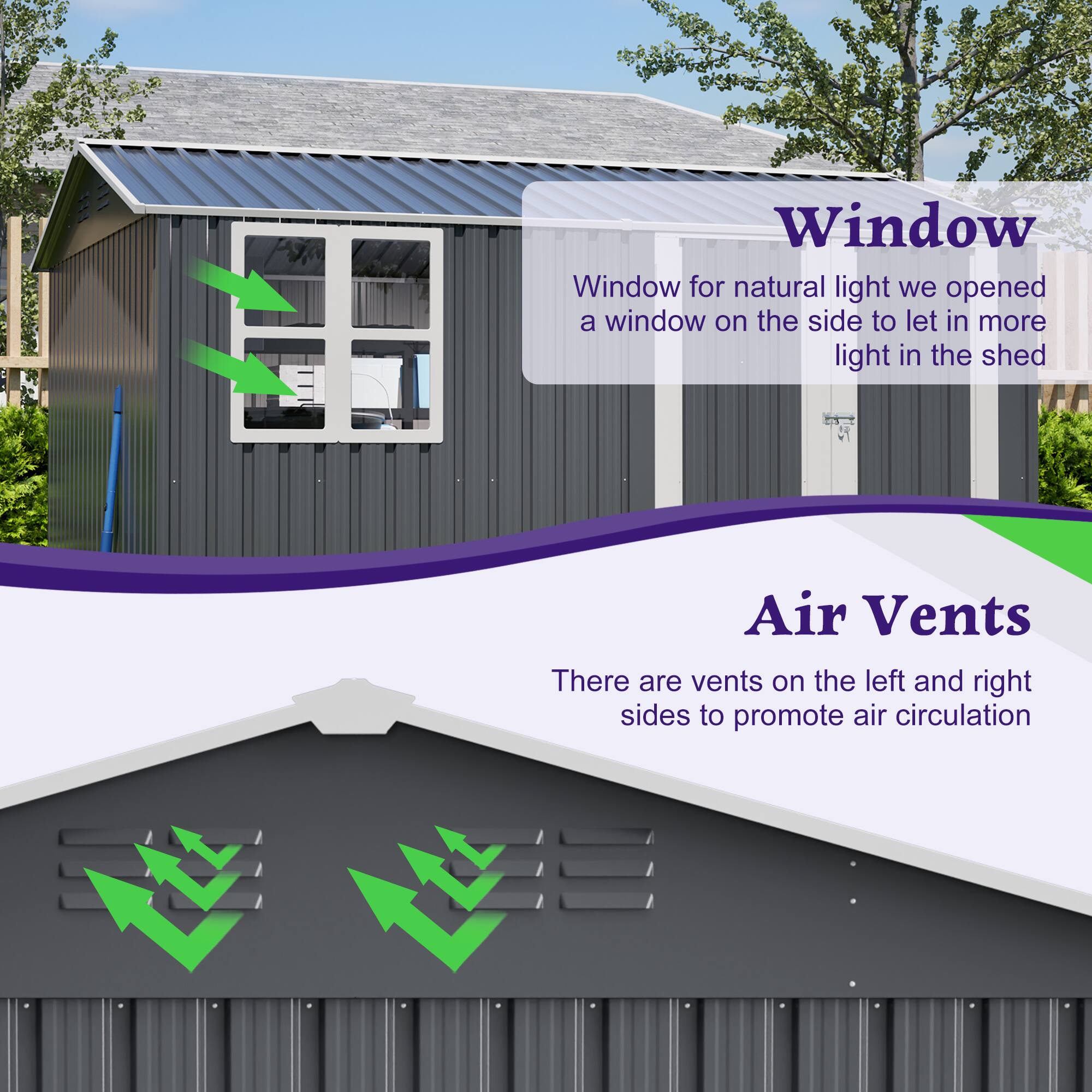 **Window**  
Window for natural light we opened a window on the side to let in more light in the shed

**Air Vents**  
There are vents on the left and right sides to promote air circulation