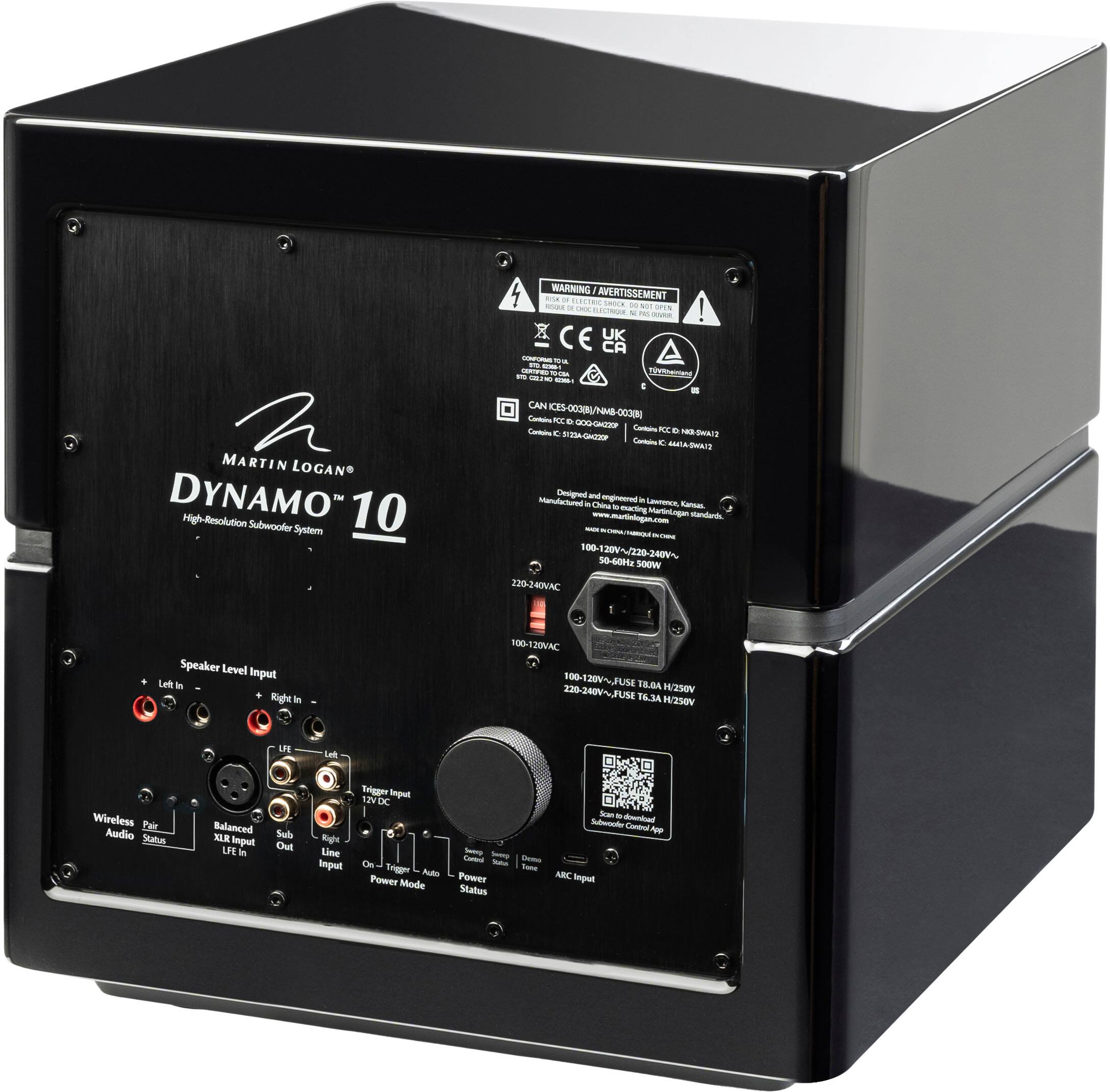 WARNING: IMPORTANT - READ BEFORE OPERATING - ! EUTENTISSEMENT - T CE UK - Na - - noioand - -- - MARTIN LOGAN DYNAMO 10 High-Resolution Subwoofer System CAN CES TL NMB 0030 Calo ME . 0G-r Cntalo - E KC . - SH1a -- -o e - Dessigned - beroniges Mndfacond - - - Chira . - ming Martiningen standets - 100-120V~/229-240~ 50-60Hr soow 226-240NC Speaker Level Imput Lett in Right le 100-120VAC 10L 100-120V~FUSE T8.64 220-240V~ H/250V FUSE T6.3 H/2S0V LFE L6 Wireless Pair Audio Stalus Balanced Input LTE i Sub Out Right Line Input Trigger Imput 13% D P Trigge Adde Power Mode Aan - -ortad Sbeocer Contal - 1 - - - - - Power ABC Imput Status