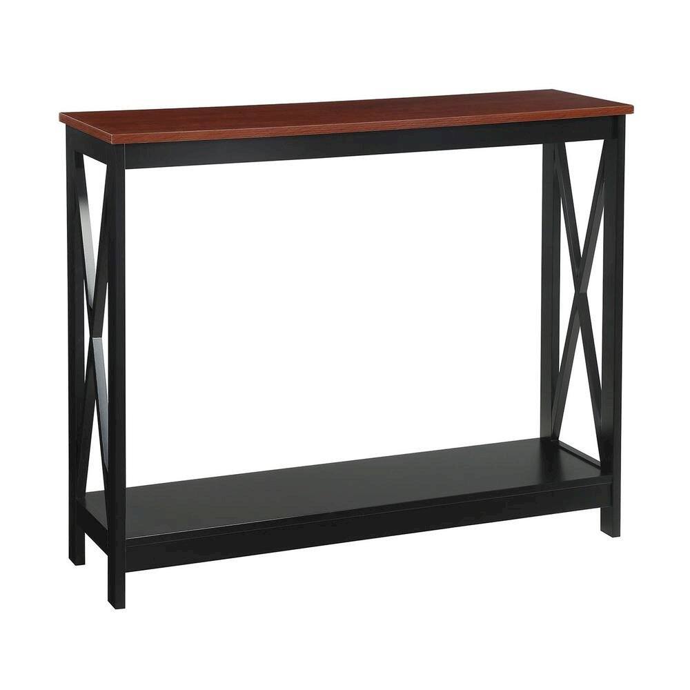 FurniFact - Console Table with Two Shelves in Brown Woodgrain Finish - Cherry/Black