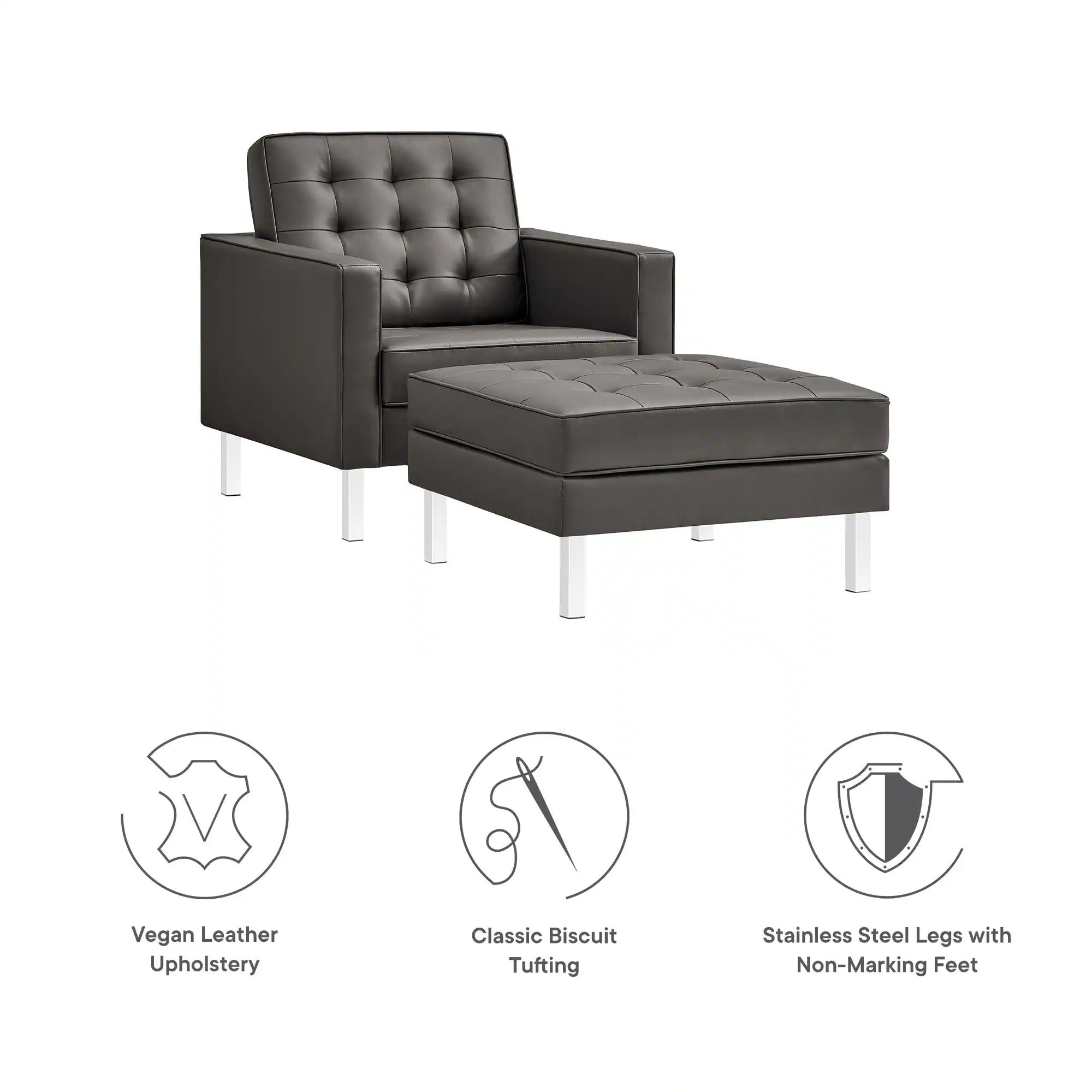 Vegan Leather Upholstery  
Classic Biscuit Tufting  
Stainless Steel Legs with Non-Marking Feet
