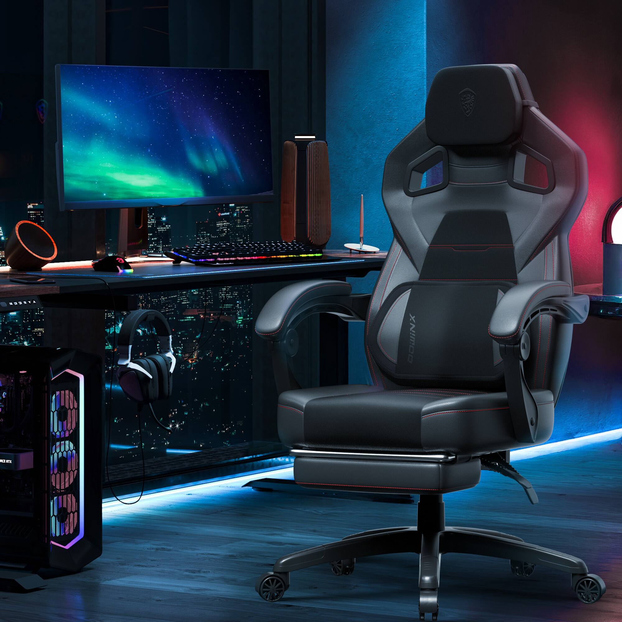 Alt View 3. Dowinx - Wide Back Gaming Chair with Footrest for Adults, Office Chair Big and Tall with Breathable Pocket Spring Cushion - Black.