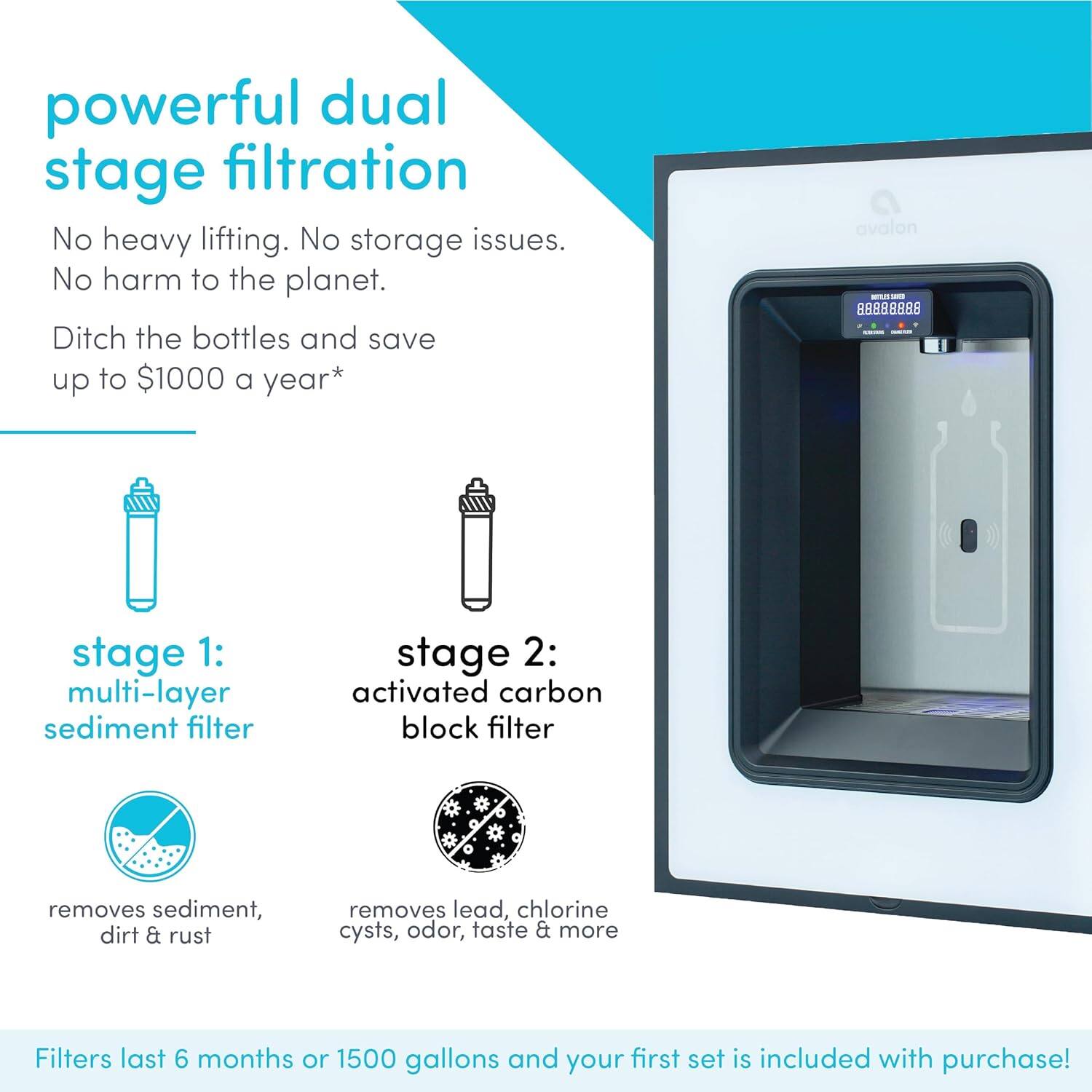 powerful dual stage filtration  
No heavy lifting. No storage issues. No harm to the planet.  
Ditch the bottles and save up to $1000 a year*  

avalon -E  BBB88BBB  

stage 1: multi-layer sediment filter  
removes sediment, dirt & rust  

stage 2: activated carbon block filter  
removes lead, chlorine cysts, odor, taste & more  

Filters last 6 months or 1500 gallons and your first set is included with purchase!