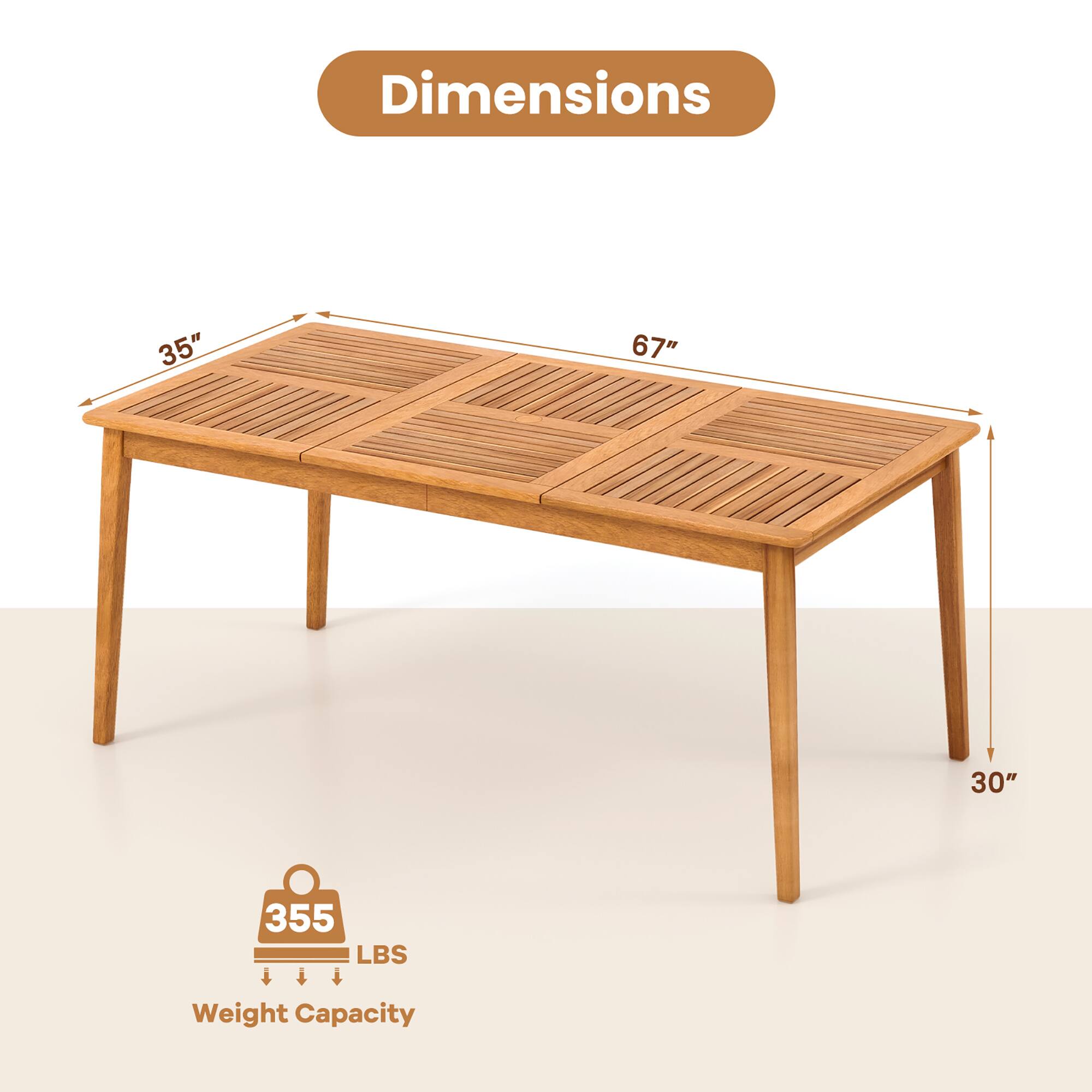 Dimensions:  
- Length: 67"  
- Width: 35"  
- Height: 30"  

Weight Capacity: 355 LBS