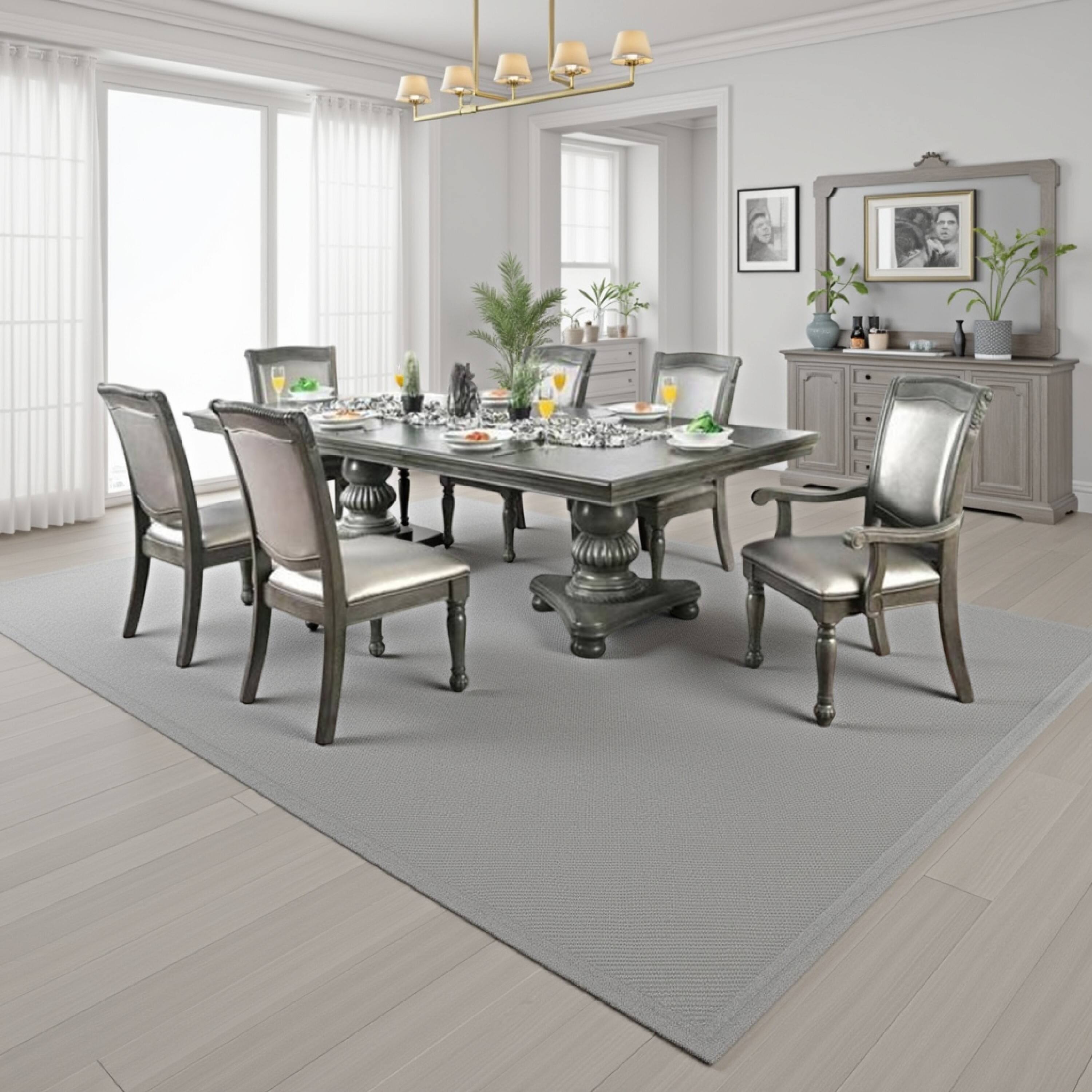 Alt View 5. Manhattan Lane - Ena 9pc Dining Table Set, Gray Faux Leather, Extendable 79-103 Inch - Gray, Silver.