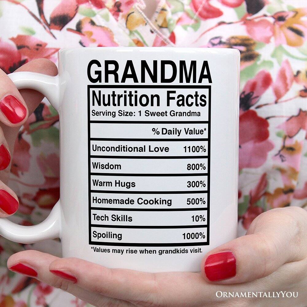 GRANDMA  
Nutrition Facts  
Serving Size: 1 Sweet Grandma  

% Daily Value*  
Unconditional Love 1100%  
Wisdom 800%  
Warm Hugs 300%  
Homemade Cooking 500%  
Tech Skills 10%  
Spoiling 1000%  

*Values may rise when grandkids visit.  

ORNAMENTALLY YOU