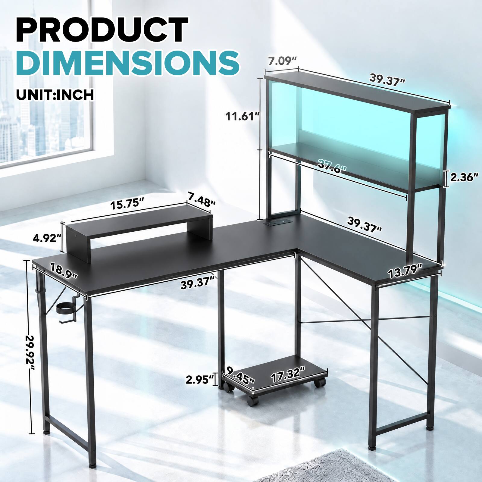 PRODUCT DIMENSIONS  
UNIT: INCH

- 7.09"
- 39.37"
- 11.61"
- 4.92"
- 18.9"
- 29.92"
- 15.75"
- 37.6"
- 7.48"
- 39.37"
- 13.79"
- 39.37"
- 17.32"
- 2.95"
- 2.36"