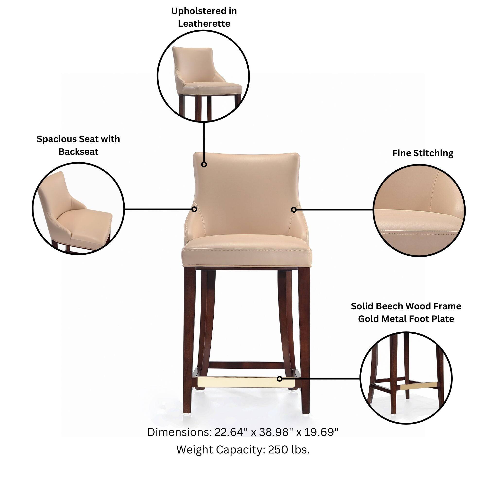 Upholstered in Leatherette  
Spacious Seat with Backseat  
Fine Stitching  
Solid Beech Wood Frame Gold Metal Foot Plate  
Dimensions: 22.64" x 38.98" x 19.69"  
Weight Capacity: 250 lbs.