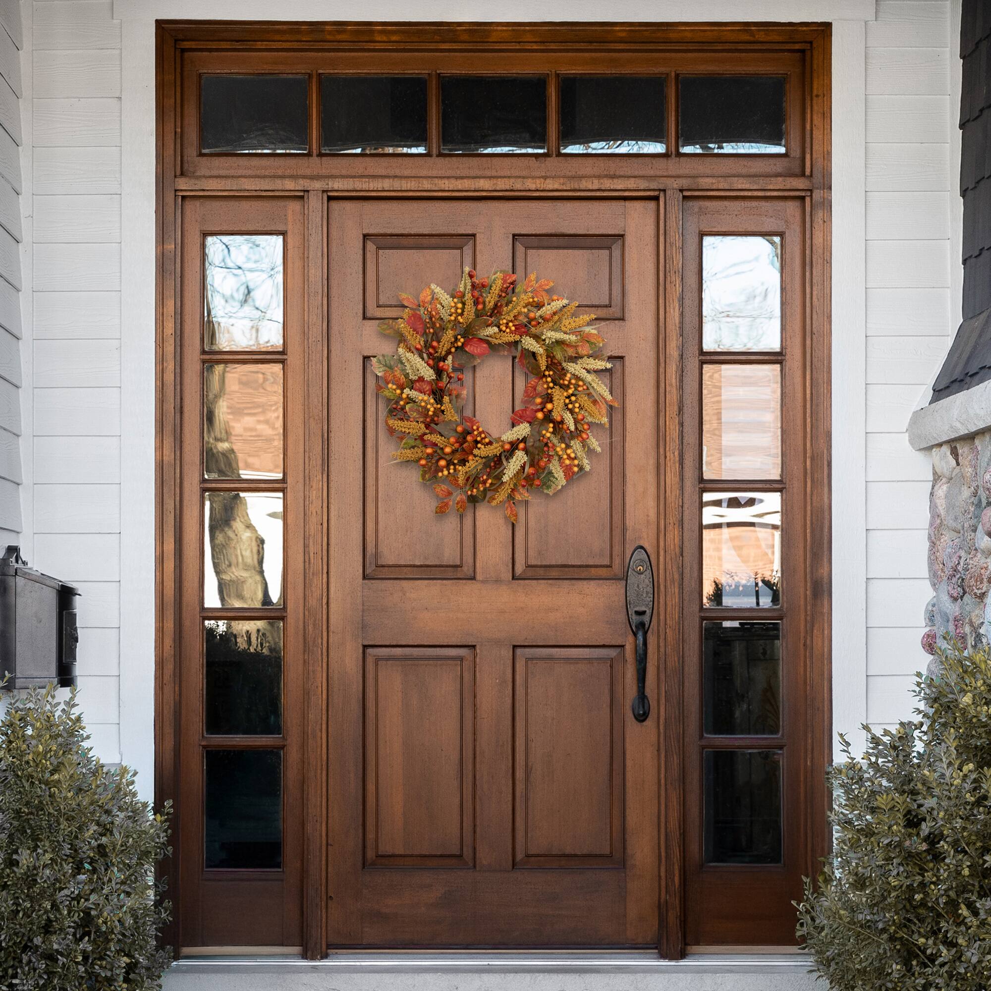 Alt View 4. Northlight - Autumn Leaves, Grass Blades and Berries Artificial Fall Harvest Wreath - 24" - Orange.