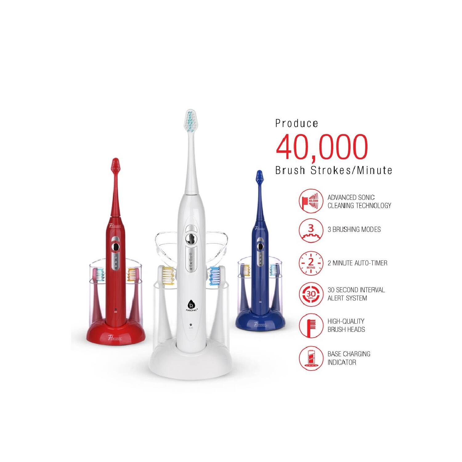 Produce 40,000 Brush Strokes/Minute

- ADVANCED SONIC CLEANING TECHNOLOGY
- 3 BRUSHING MODES
- 2 MINUTE AUTO-TIMER
- 30 SECOND INTERVAL ALERT SYSTEM
- HIGH-QUALITY BRUSH HEADS
- BASE CHARGING INDICATOR