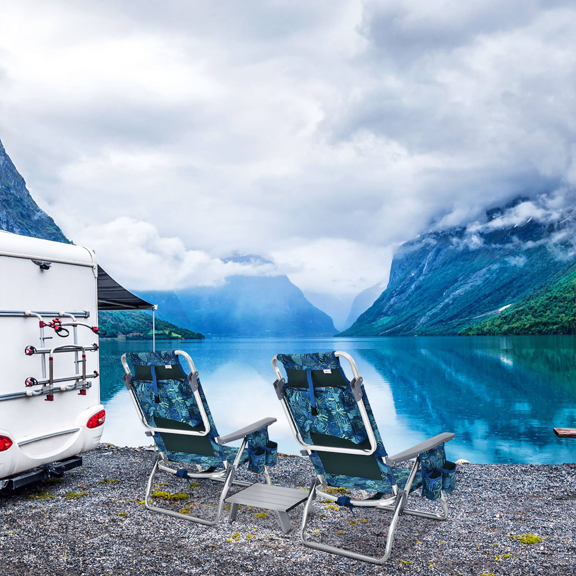 Alt View 3. Costway - Costway 2-Pack Folding Backpack Beach Chair Table Set 5-Position Outdoor Reclining Chair - Multicolor.