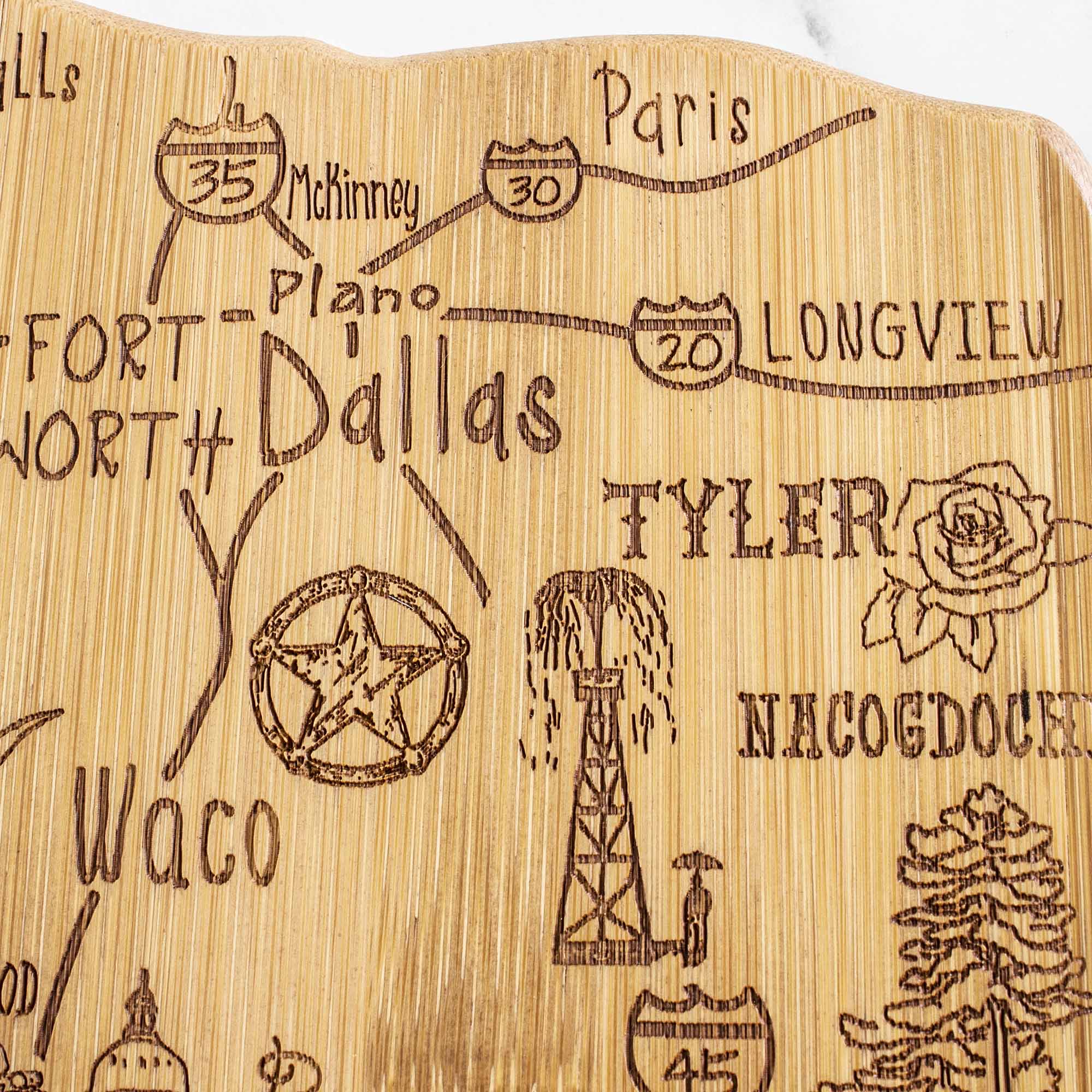 Paris  
35  
McKinney  
30  
Plano  
20  
Fort Worth  
Dallas  
Longview  
Tyler  
Nacogdoches  
Waco  
45