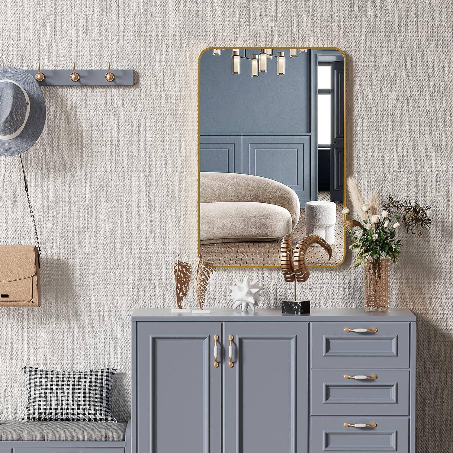 Front. BreeBe - 24x36 Inch Gold Metal Framed Rectangular Bathrrom Mirror for Wall. - Gold.