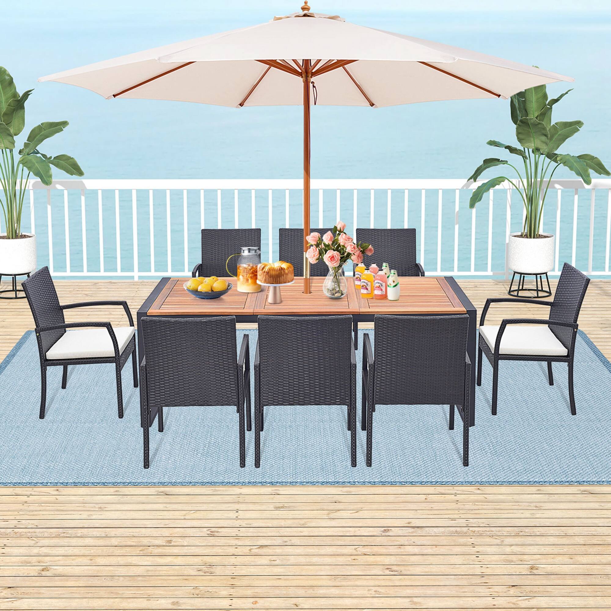Alt View 1. Costway - 9 Pieces  Patio Rattan Dining Set with Acacia Wood Table, 1.9" Umbrella Hole - Mix Brown + Off White.