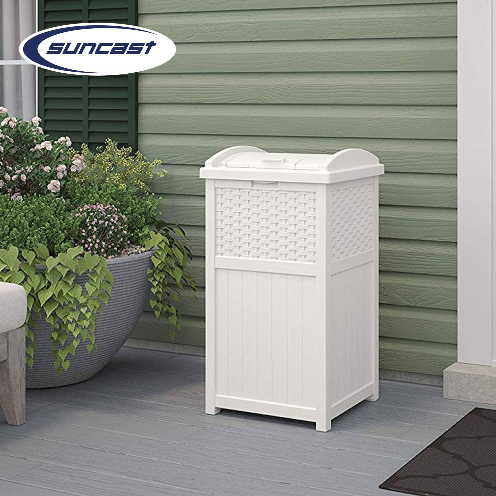 Alt View 3. Suncast - Suncast Wicker Resin Outdoor Hideaway Trash Can Bin with Latching Lid (2 Pack) - White.
