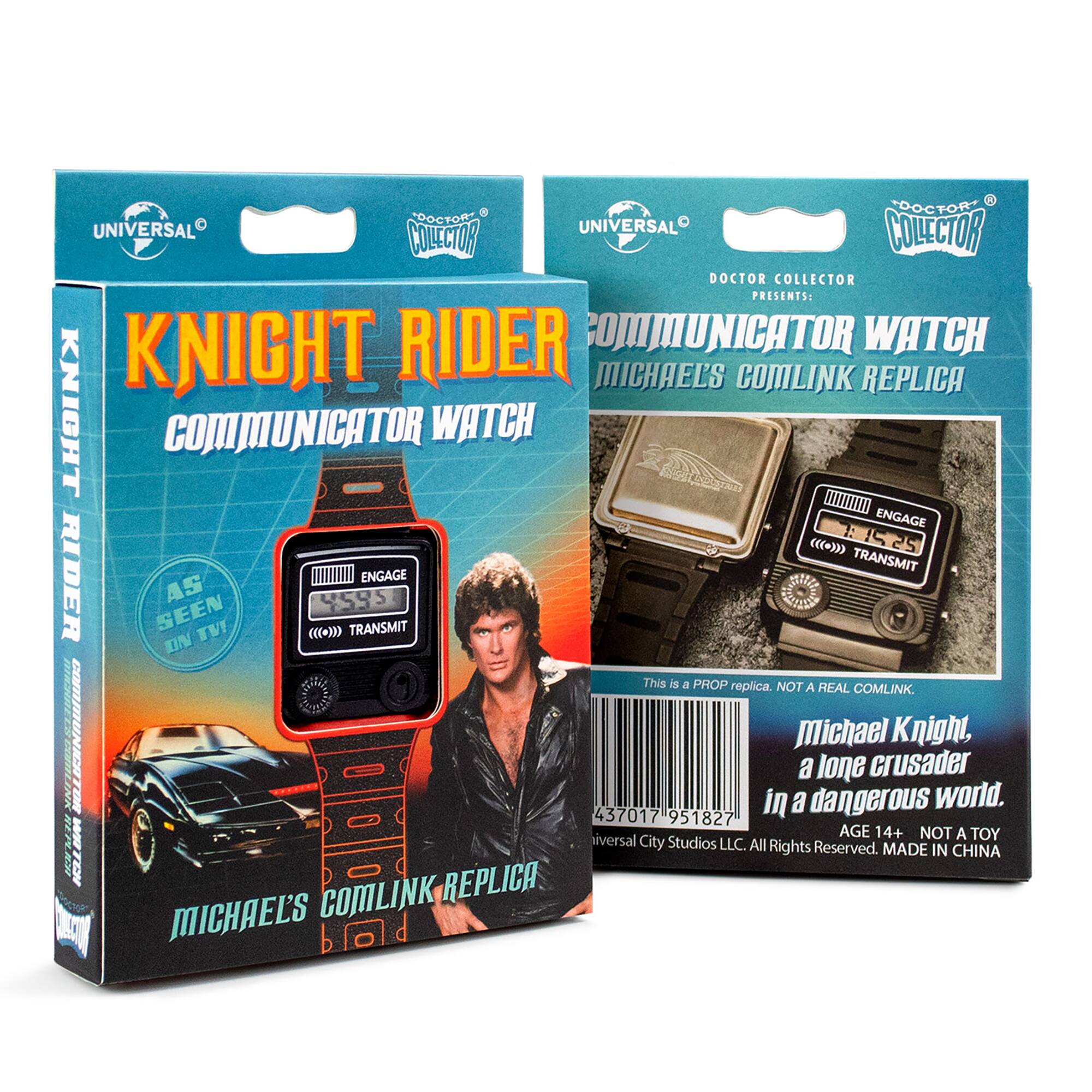 "Universal Collector Presents: Knight Rider Communicator Watch Michael's Comlink Replica. Engage. As seen on TV. This is a prop replica. Not a real Comlink. Communicator Michael Knight, a lone crusader in a dangerous world. 437017 951827. Age 14+. Not a toy. Made in China. Universal City Studios LLC. All Rights Reserved. Made in China."