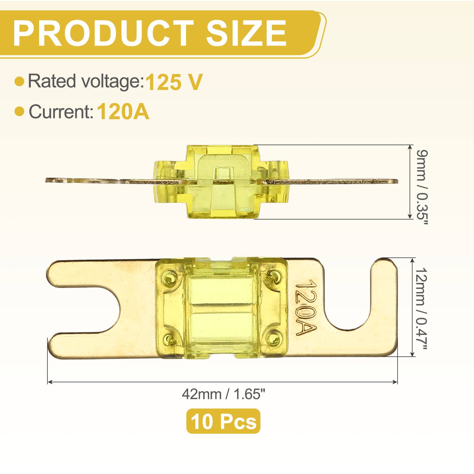 PRODUCT SIZE  
- Rated voltage: 125 V  
- Current: 120A  

42mm / 1.65"  
9mm / 0.35"  
12mm / 0.47"  

10 Pcs