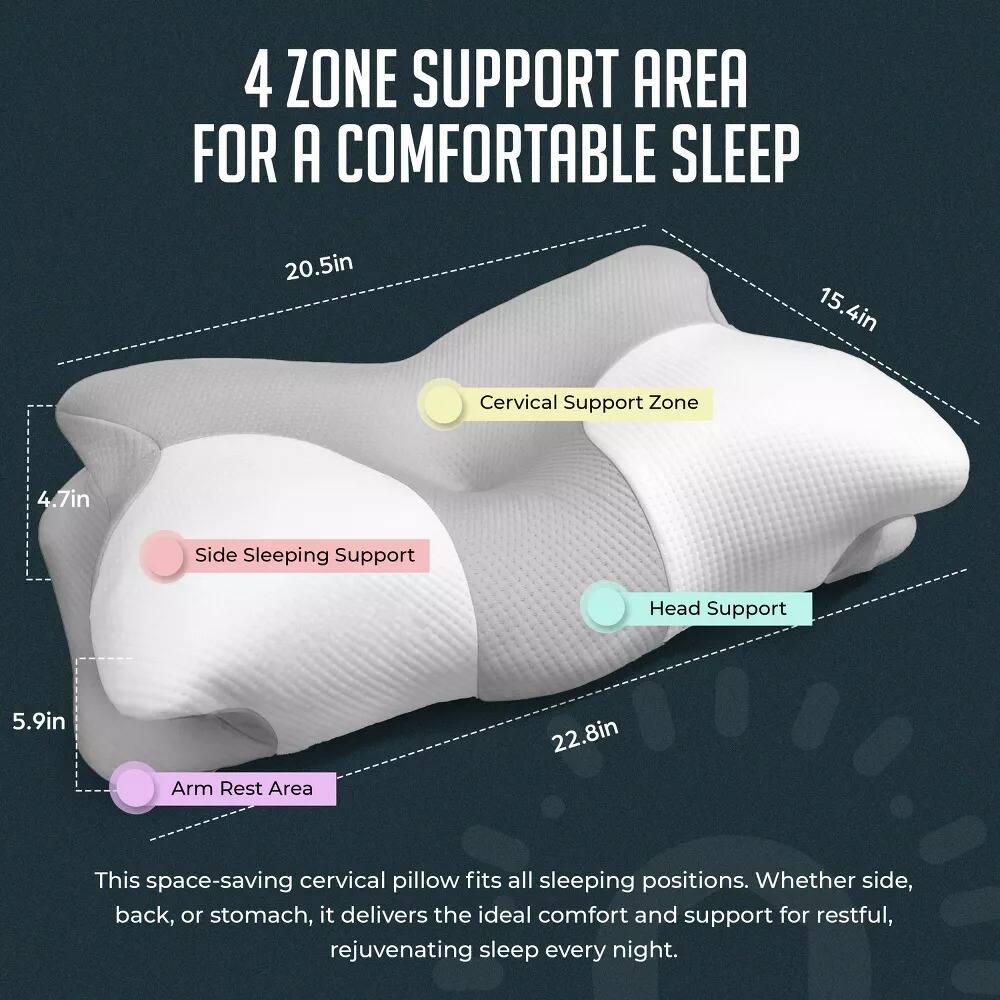 4 ZONE SUPPORT AREA FOR A COMFORTABLE SLEEP

- 20.5in
- 15.4in Cervical Support Zone
- 4.7in Side Sleeping Support
- 5.9in Arm Rest Area
- 22.8in

This space-saving cervical pillow fits all sleeping positions. Whether side, back, or stomach, it delivers the ideal comfort and support for restful, rejuvenating sleep every night.