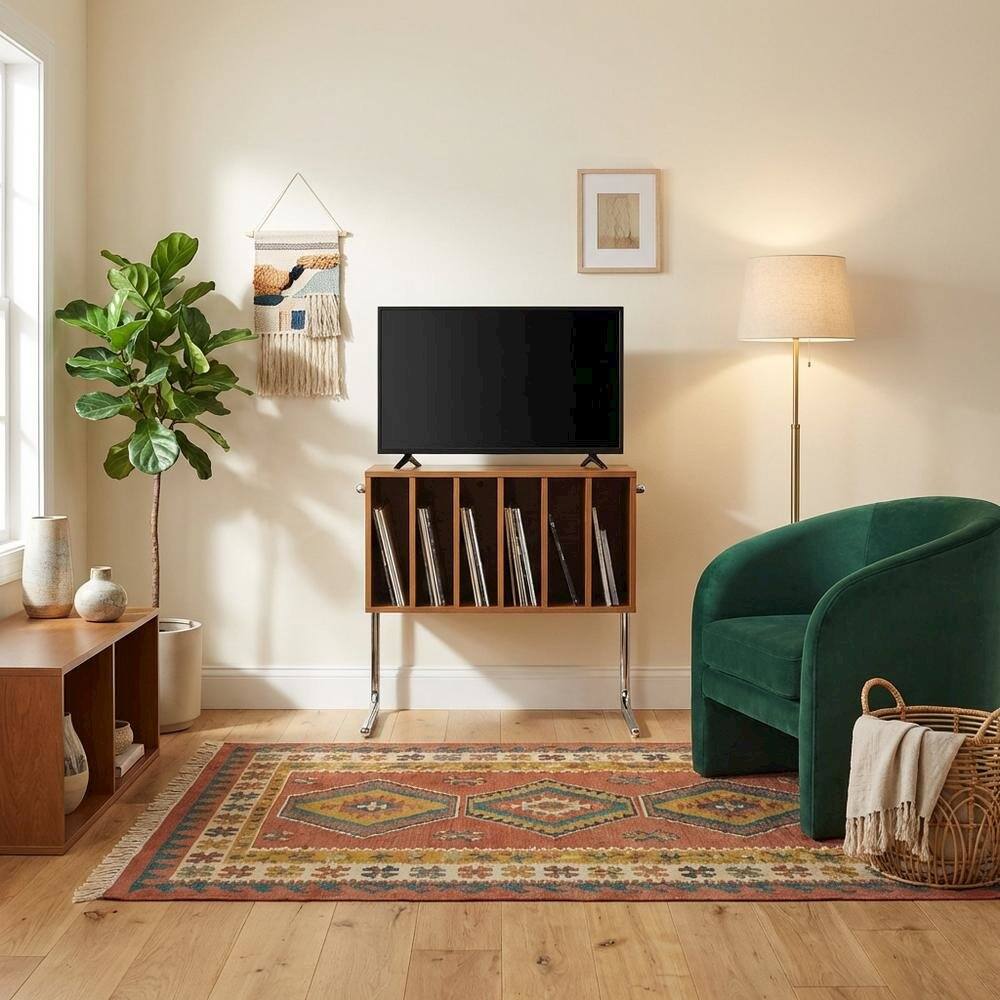 Alt View 2. FurniFact - Wooden record player stand with vinyl storage and modern design - Brown.