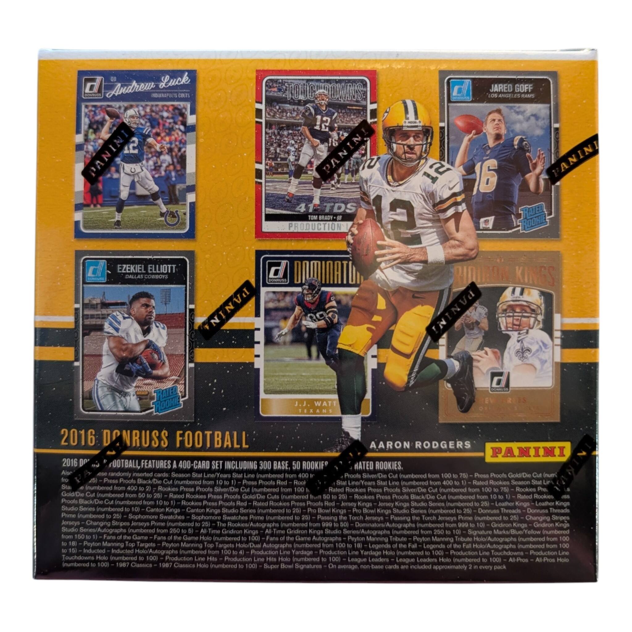 Andrew Luck  
12 TOM PRODUCTION  
JARED GOFF LOS ANGELES RAMS 6 VANINI  
EZEKIEL ELLIOTT  
2016 DONRUSS FOOTBALL AARON RODGERS PANINI 2016 400-CARD SET INCLUDING 300 BASE, 500 ROOKIES Season Stat Line (numbered from 400 Proofs Cut 75) Press Proofs Gold Die Cut Inum' Press Proofs Black/Die Cut numbered from Press Proofs Red Rook Line (numbered from Rookies Season Stat Sta. from 21 Rookies Press Proofs Cut (numbered from 100 Rated Press Proofs Siver/Die Cut from 100 75) Gold Die Cut (numbered Rated Rookies Press Proofs Gold/Die Cuts 50 Press Proofs Cut (numbered from Proofs Press Proofs Studio Series 25) Kings Studio Series numbered Kings Kings Studio Series Bowl Bowl Studio Series 25) (numbered Prime (numbered 25) Sophomore Swatches Sophomore Swatches Torch Torch Prime Stripes Jerseys Prime (numbered 999 to 