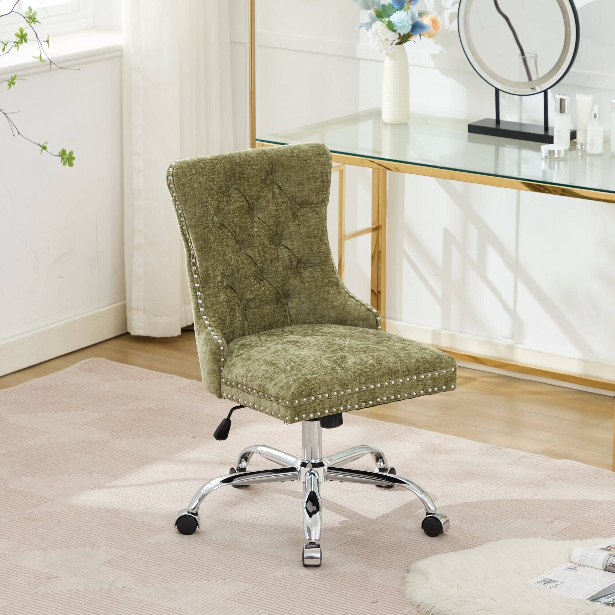 Left. Trinkets Crazed - Home Office Chair with Wheels & Silver Base,Chenille Fabric Makeup Vanity Chair with Tufted Back, Swivel Desk Chair - Green.