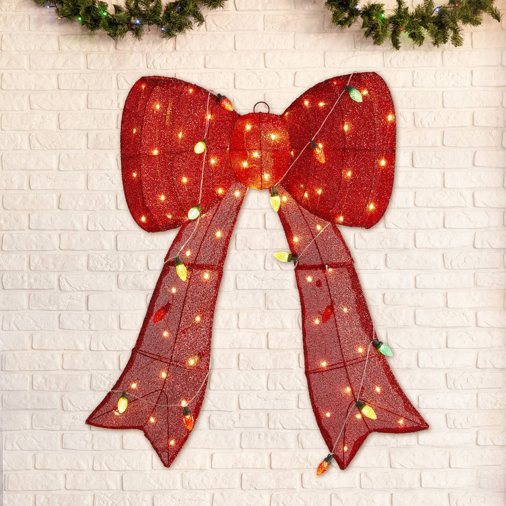 Alt View 4. Glitzhome - 35.75"H Lighted 3D Fabric Bow Outdoor Decor with 95 LED Lights - Red.
