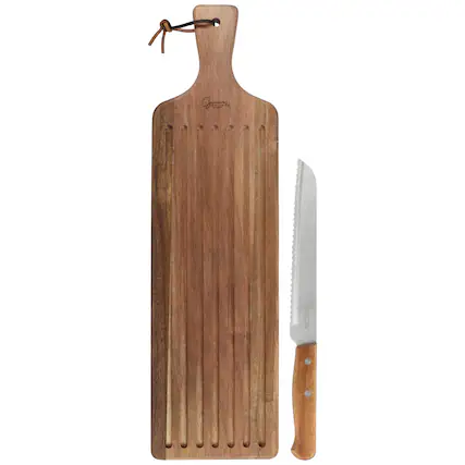 Front. Gibson - Gibson Elite 2 Piece Acacia Wood Serving Board and Bread Knife Set in Brown - Brown.