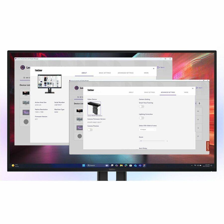 Lei: DsCauP  
ABOUT  
BASIC SETTINGS  
ADVANCED SETTINGS  
MORE  

Device List  
Les TeeCaer  

- Device List  
- Video Device  
- Device List  
- Device List  

- Serial Number: UNETSVT  
- Device List  
- Video Device  
- Device List  
- Device List  

- Camera Settings  
- Smart Face Framing  
- Camera Firmware Version: V1.1  
- Camera Provider:  
- Lighting Connection  
- Select FOV (Field of View)  
- Zoom  
- Anti-Flicker  

Lenovo