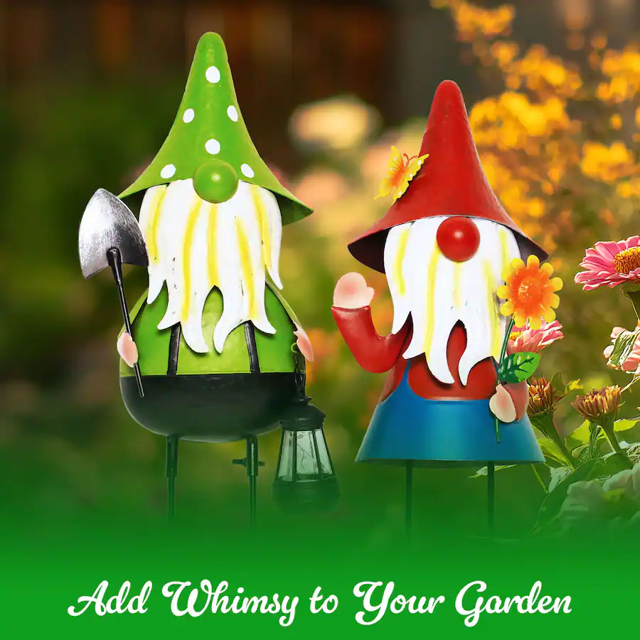 G128 Solar Gnome Garden Statues Set of 2 for Outdoor Decor green, red ...