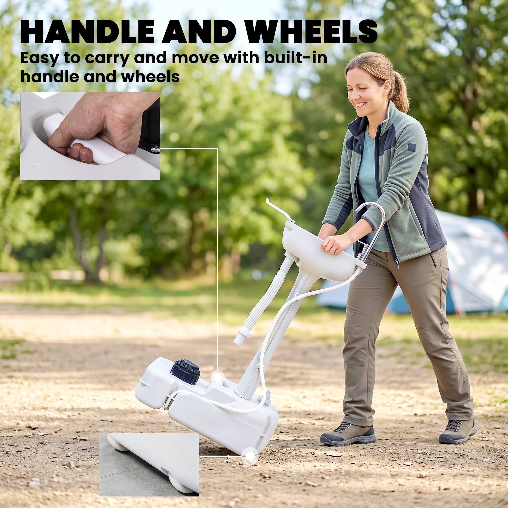 HANDLE AND WHEELS

Easy to carry and move with built-in handle and wheels