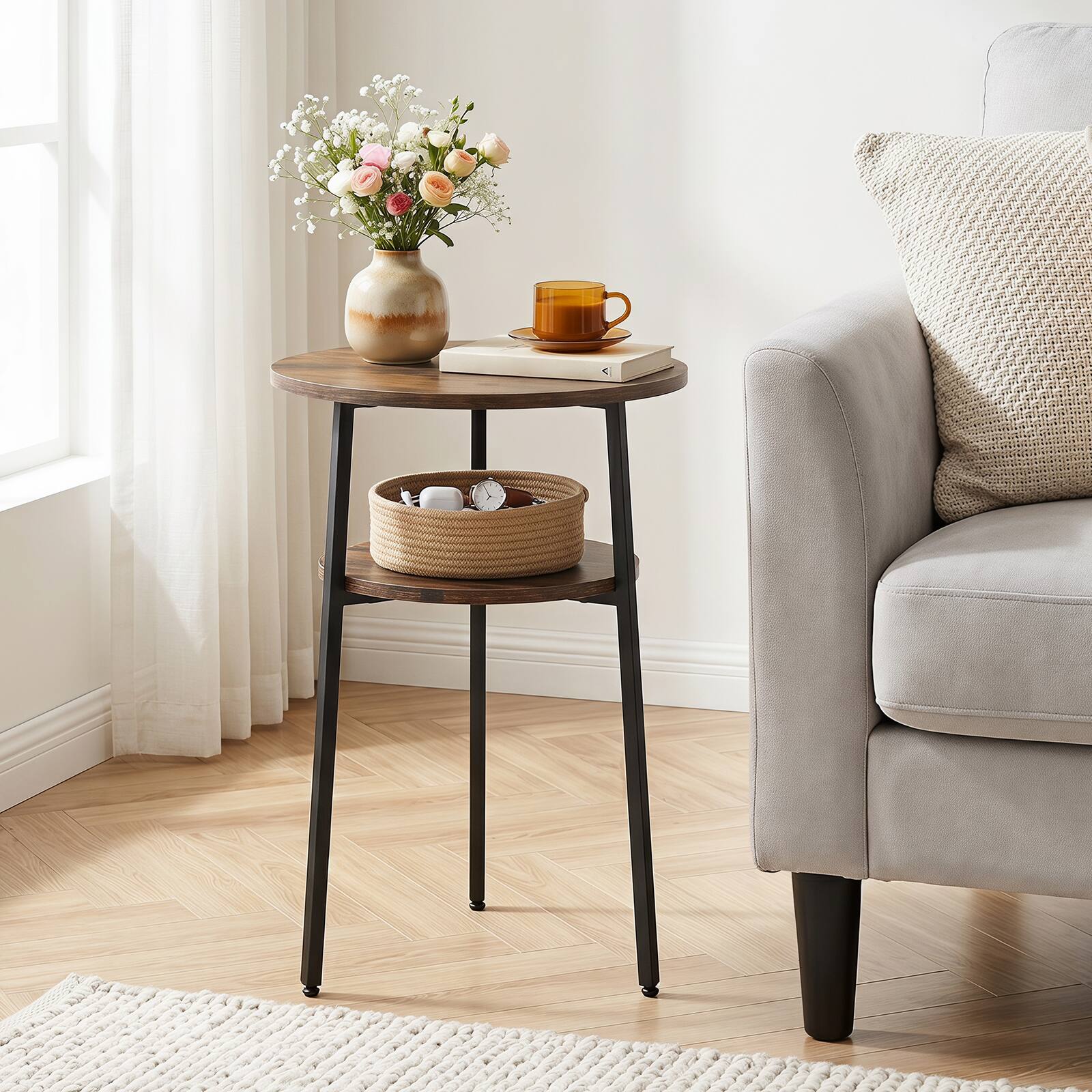 Alt View 1. Costway - Costway 2 PCS 2-Tier Round Side Table with Storage Shelf Metal Frame for Living Room Bedroom - Rustic Brown & Black.