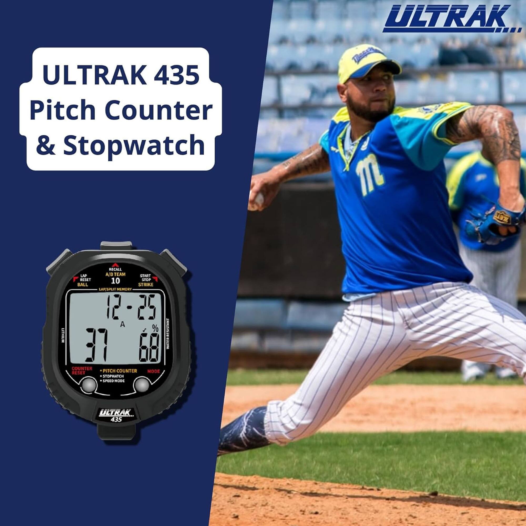 ULTRAK 435 Pitch Counter & Stopwatch

ULTRAK 435

LAP AB TEAM START BALL STRIKE RESET 10 S BAILL STRIKE ARSPUR MLE 12-25 12 A % 37 68 STTERSSNT COUNTER RESET PITCH COUNTER MODE TPWTE ME- ULTRAK 435