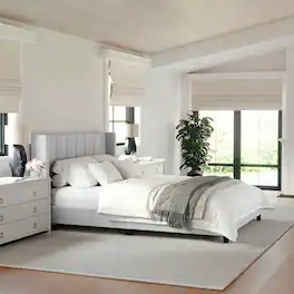 Martha Stewart - Kay Faux Linen Queen Size Platform Bed with Channel Stitched Headboard - Gray Fabric/Black Legs