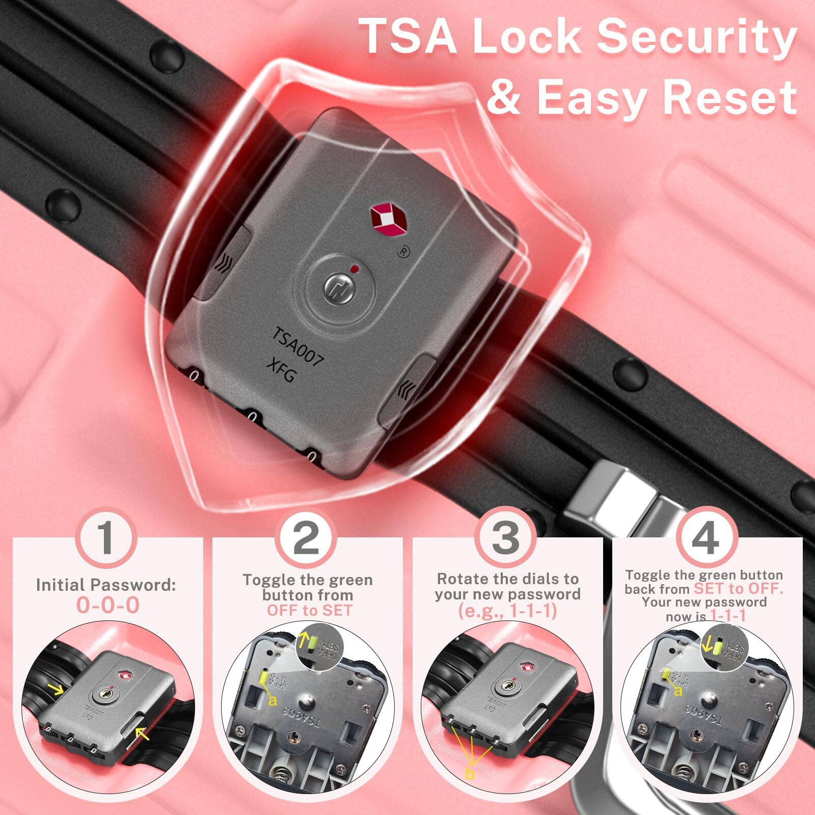 TSA Lock Security & Easy Reset

1. Initial Password: 0-0-0
2. Toggle the green button from OFF to SET
3. Rotate the dials to your new password (e.g., 1-1-1)
4. Toggle the green button back from SET to OFF. Your new password now is 1-1-1
