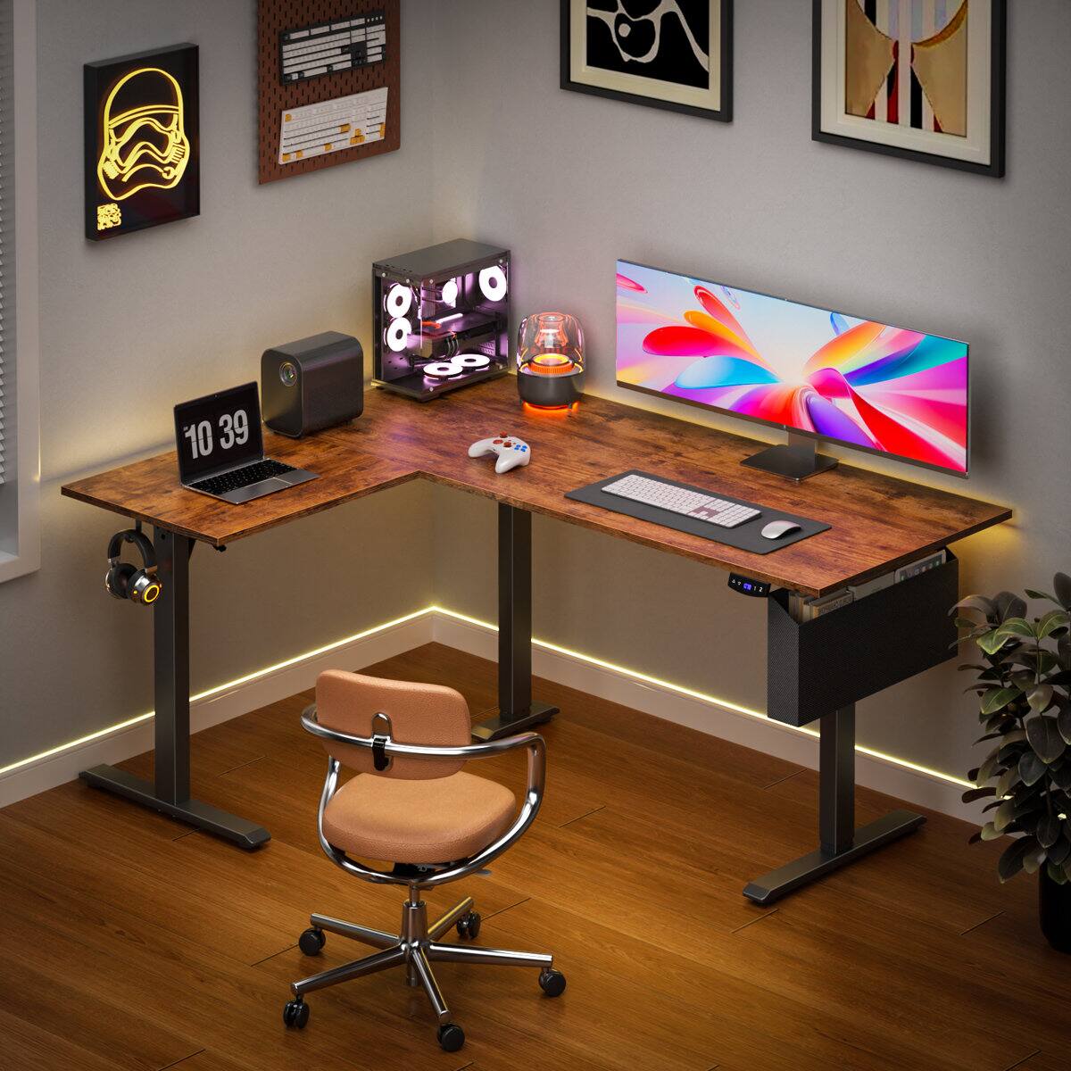 Alt View 8. Furnulem - 63 In Lshaped Standing Desk  Adjustable Height Electric Desk With Memory Controller - Brown.
