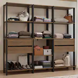Madesa - Wardrobe Clothes Storage Rack with 4 Drawers and Open Shelves 78"L - Black/Brown - Rustic/Black