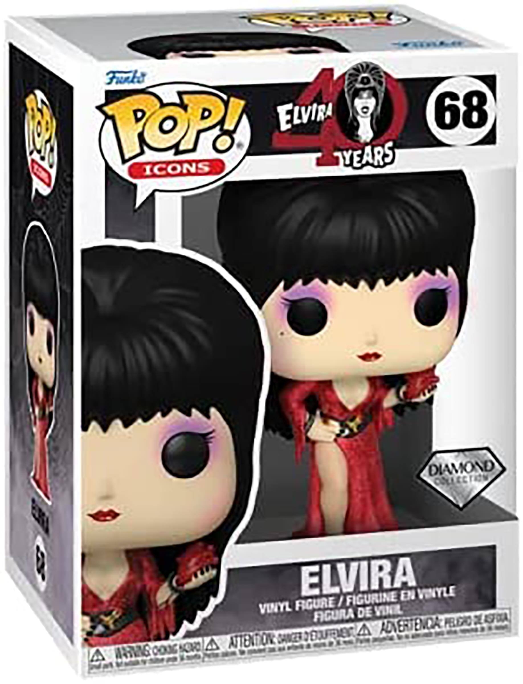 Funko POP! ICONS  
ELVIRA 40 YEARS  
68  
DIAMOND COLLECTION  
ELVIRA VINYL FIGURE / FIGURINE EN VINYLE / FIGURA DE VINIL  
ATTENTION DANGER / ADVERTENCIA PELOZO DE VINIL  
UE 0006