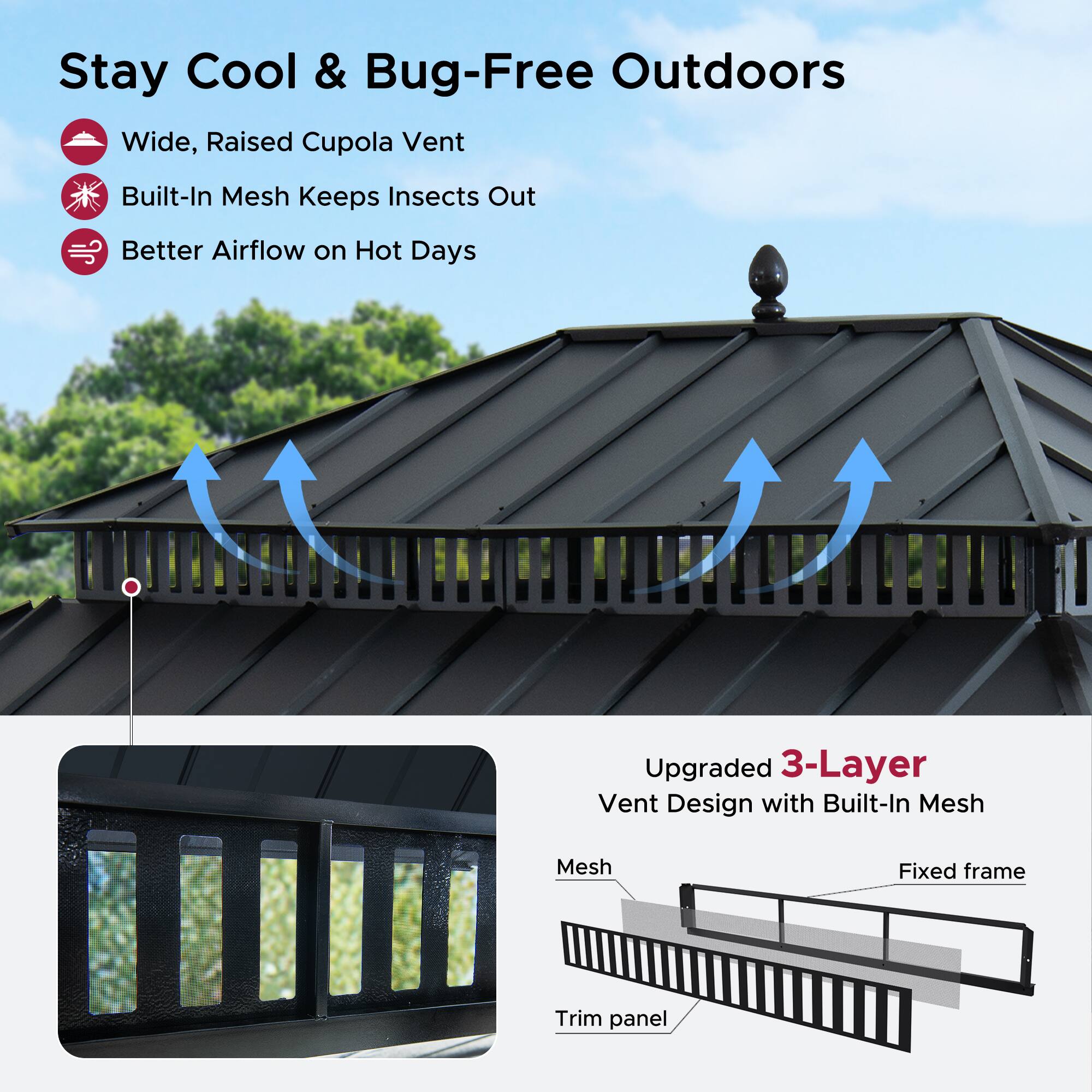 Stay Cool & Bug-Free Outdoors

- Wide, Raised Cupola Vent
- Built-In Mesh Keeps Insects Out
- Better Airflow on Hot Days

Upgraded 3-Layer Vent Design with Built-In Mesh

- Mesh
- Fixed frame
- Trim panel