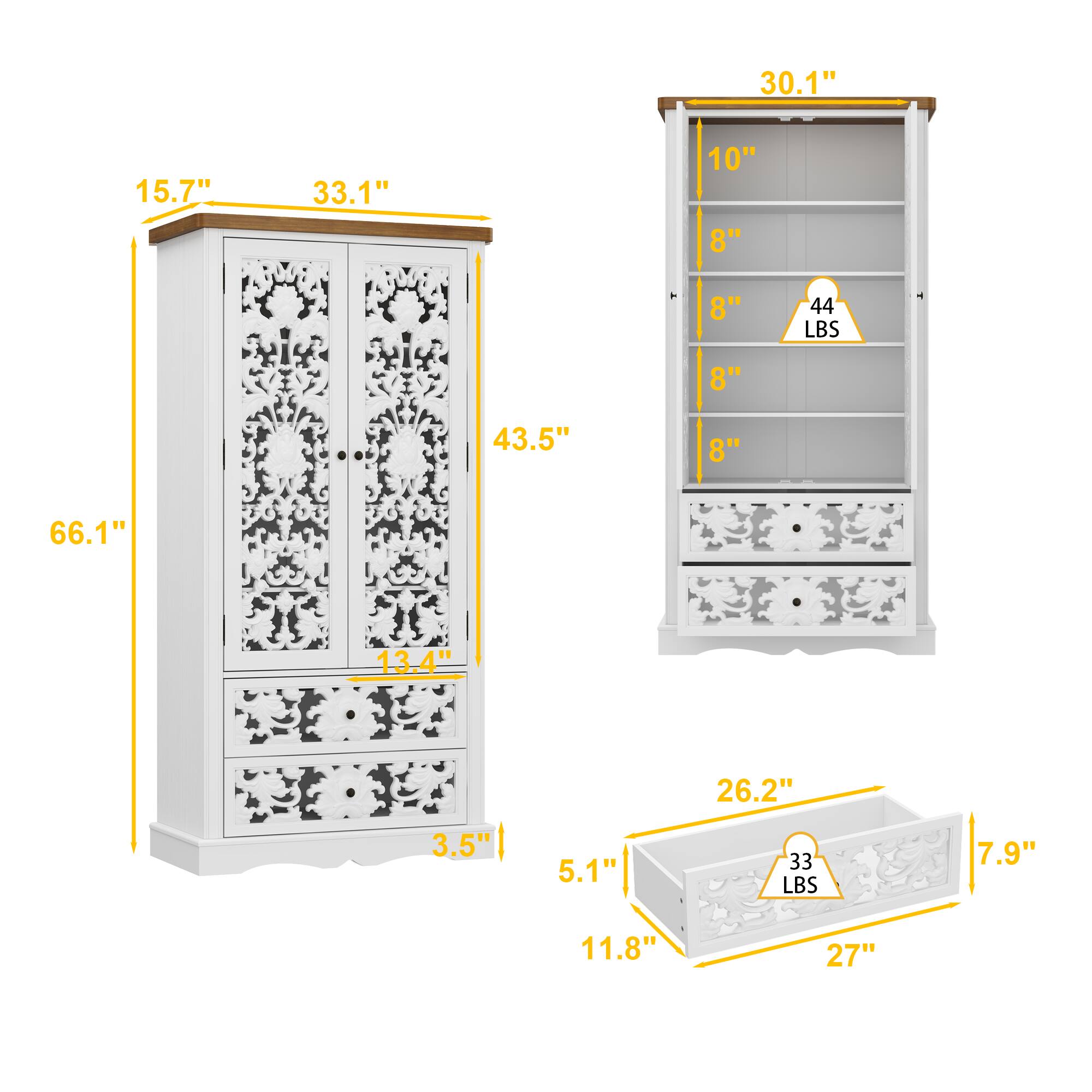 30.1" 15.7" 33.1" 10" 8"  8" 44 LBS 8" 43.5" 8" 66.1" 13.4" 26.2" 3.5" 5.1" 33 LBS 7.9" 11.8" 27"