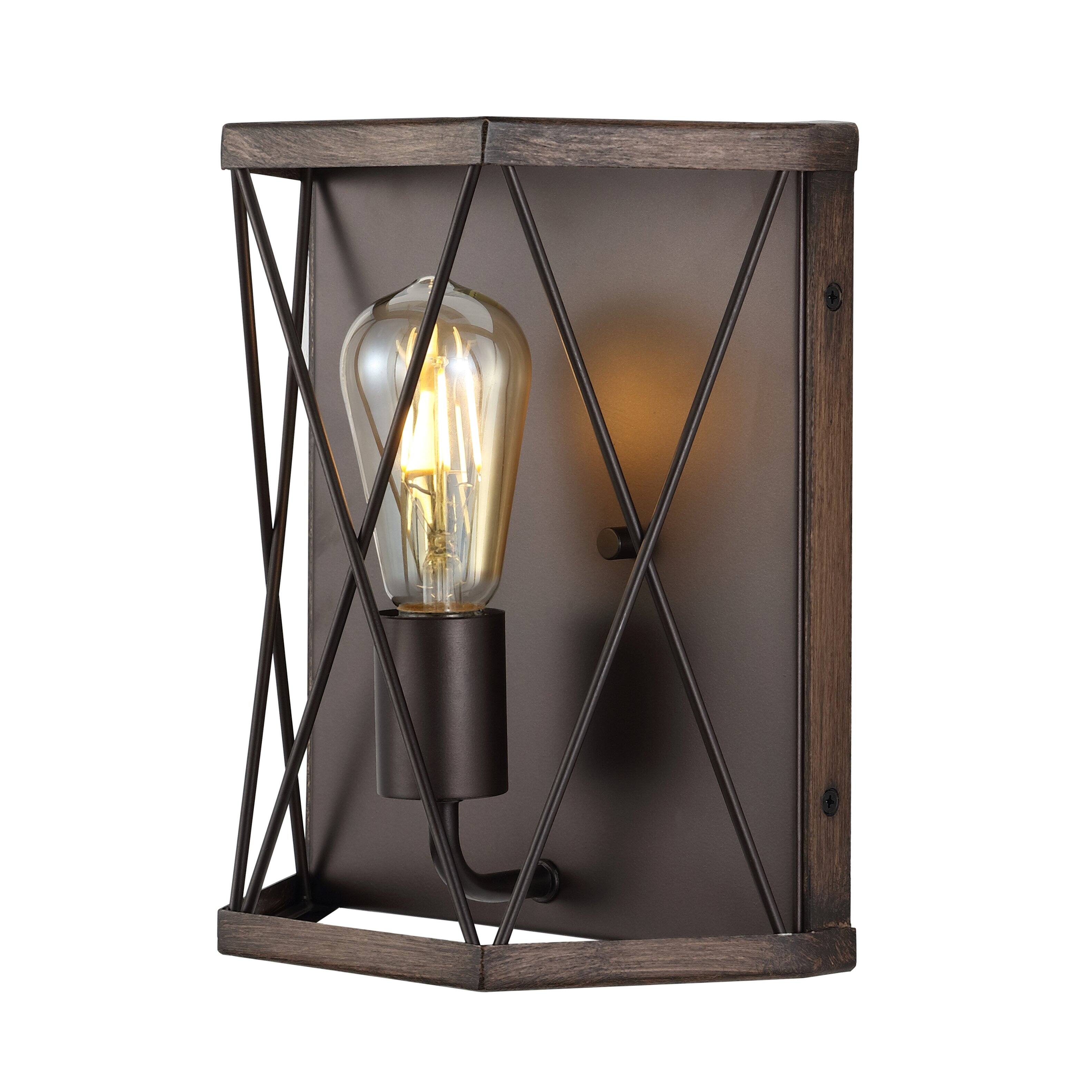 Front. Jonathan Y - Liam 8.25" 1-Light Rustic Farmhouse Iron LED Sconce, Wood Finished/Oil Rubbed Bronze - Dark Brown/Oil Rubbed Bronze.