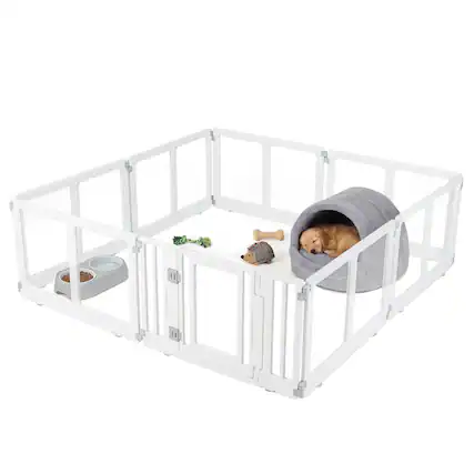 Front. WELLFOR - 22.5" Height Clear Pet Playpen with Secure Locking Door, 8 Panel Transparent Dog Fence Plastic Puppy Play Pen - White.