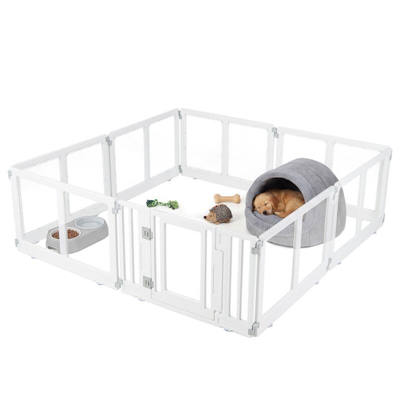 Front. WELLFOR - 22.5" Height Clear Pet Playpen with Secure Locking Door, 8 Panel Transparent Dog Fence Plastic Puppy Play Pen - White.