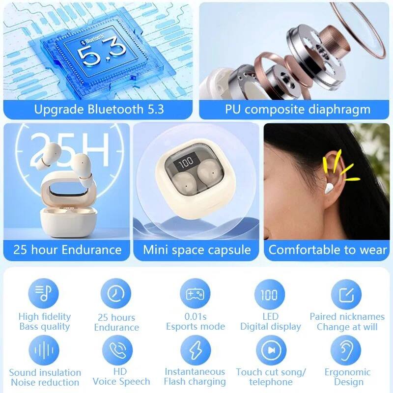 - Upgrade Bluetooth 5.3
- 25 hour Endurance
- Mini space capsule
- Comfortable to wear
- High fidelity Bass quality
- 25 hours Endurance
- 0.01s Esports mode
- LED Digital display
- Paired nicknames Change at will
- Sound insulation Noise reduction
- HD Voice Speech
- Instantaneous Flash charging
- Touch cut song/telephone
- Ergonomic Design
- PU composite diaphragm