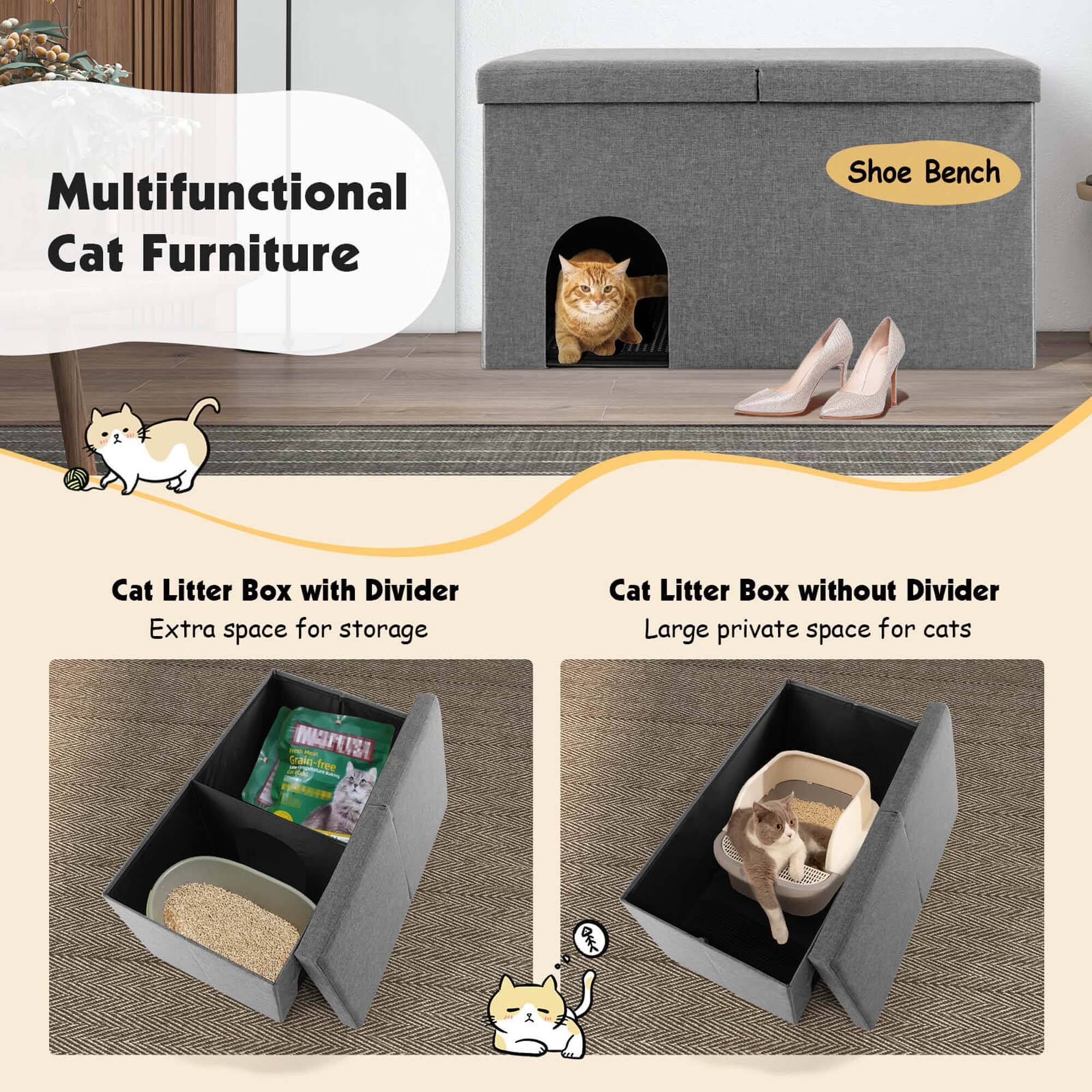 Multifunctional Cat Furniture

Shoe Bench

Cat Litter Box with Divider
Extra space for storage

Cat Litter Box without Divider
Large private space for cats