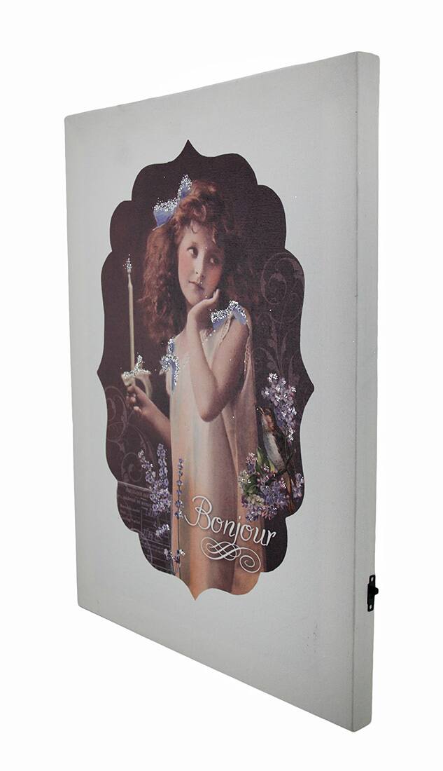 Alt View 1. Zeckos - Vintage Look Bonjour Flickering Candle Girl LED Canvas Art Print - White.