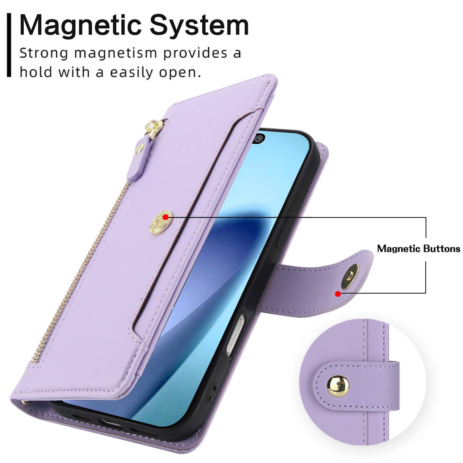 Magnetic System  
Strong magnetism provides a hold with a easily open.  
Magnetic Buttons