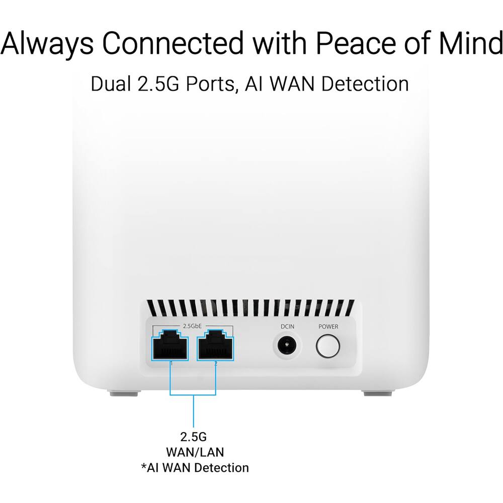 Always Connected with Peace of Mind  
Dual 2.5G Ports, AI WAN Detection  

2.5G WAN/LAN  
*AI WAN Detection