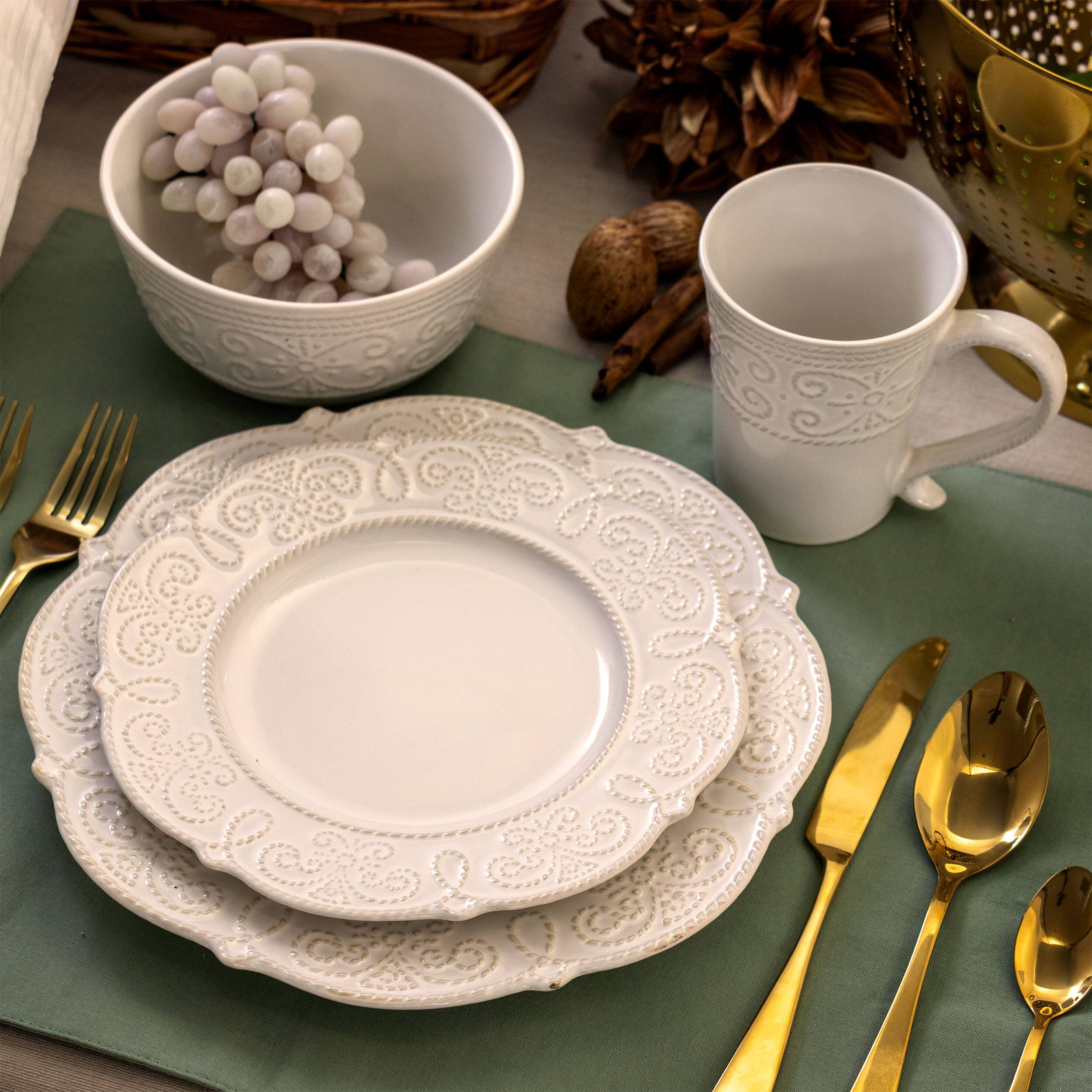 Alt View 8. Elama - Elama Luna 16 Piece Embossed Scalloped Stoneware Dinnerware Set in White - White.