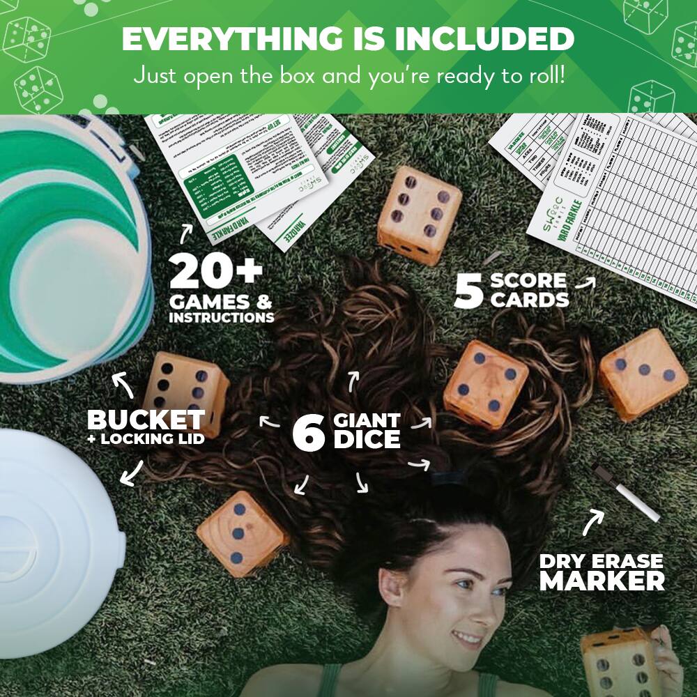 Everything is included  
Just open the box and you're ready to roll!

20+ games & instructions  
5 score cards  
Bucket + locking lid  
6 giant dice  
Dry erase marker