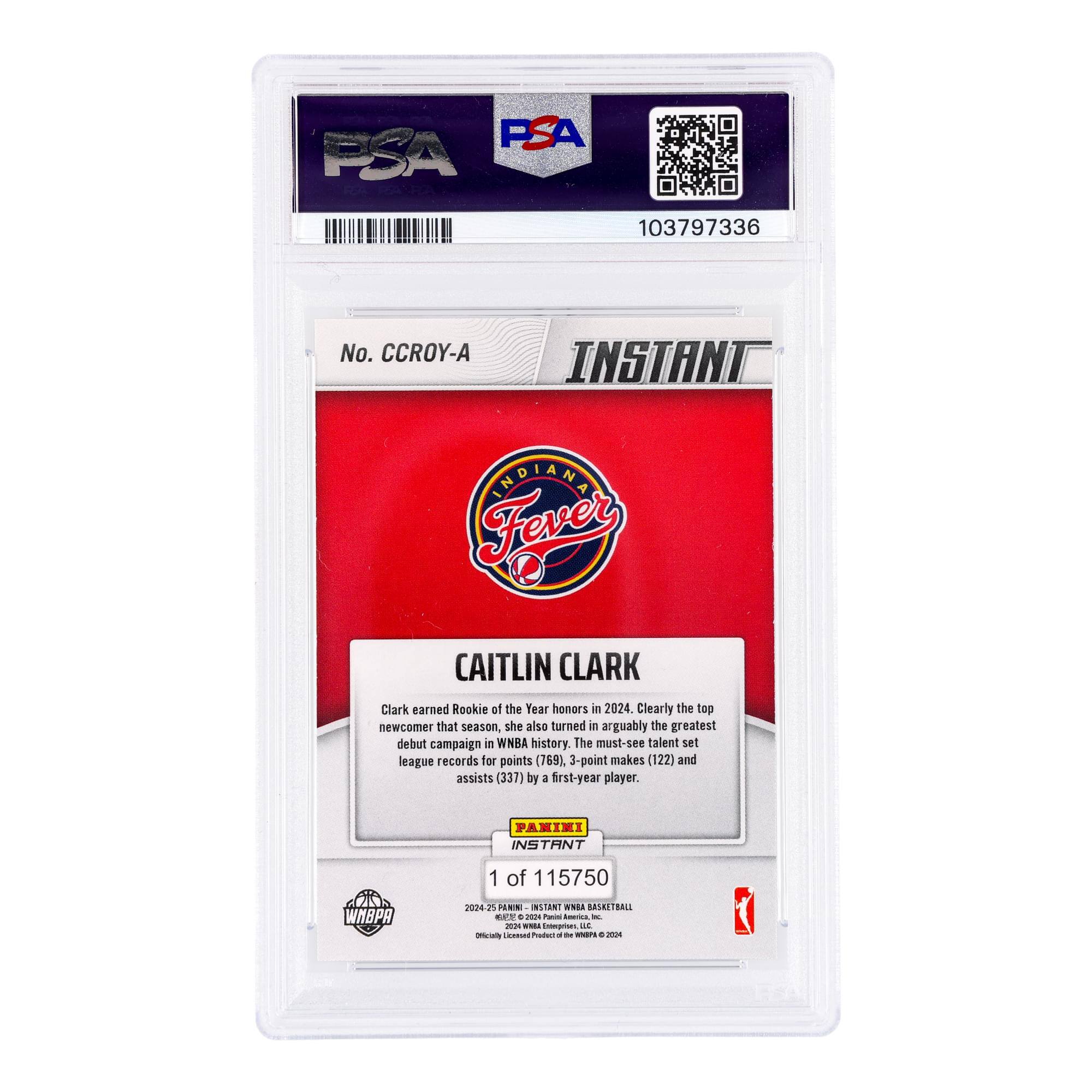 FSA PSA ada. 103797336 No. CCROY-A INSTANT NOLANA Fever CAITLIN CLARK Clark earned Rookie of the Year honors in 2024. Clearly the top newcomer that season, she also turned in arguably the greatest debut campaign in WNBA history. The must-see talent set league records for points (769), 3-point makes (122) and assists (337) by a first-year player. PANINI INSTANT 1 of 115750 WHBPA 2024-25 25 NN ANi SNLA MIETRALI N - ma - Ameria - - Cgrisn UE - Lans Produm - - - +